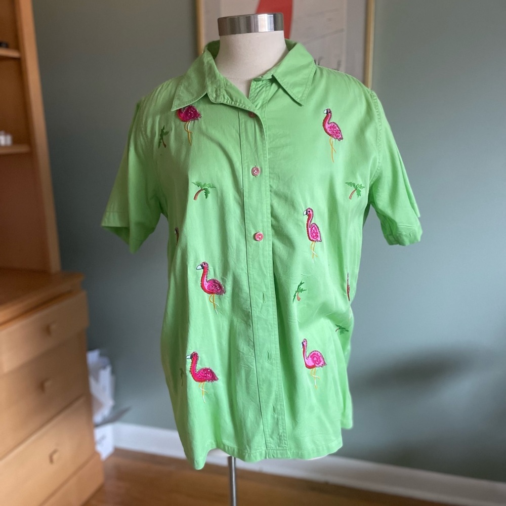 Flamingo embroidered green colored button shirt Quacker factory large green pink